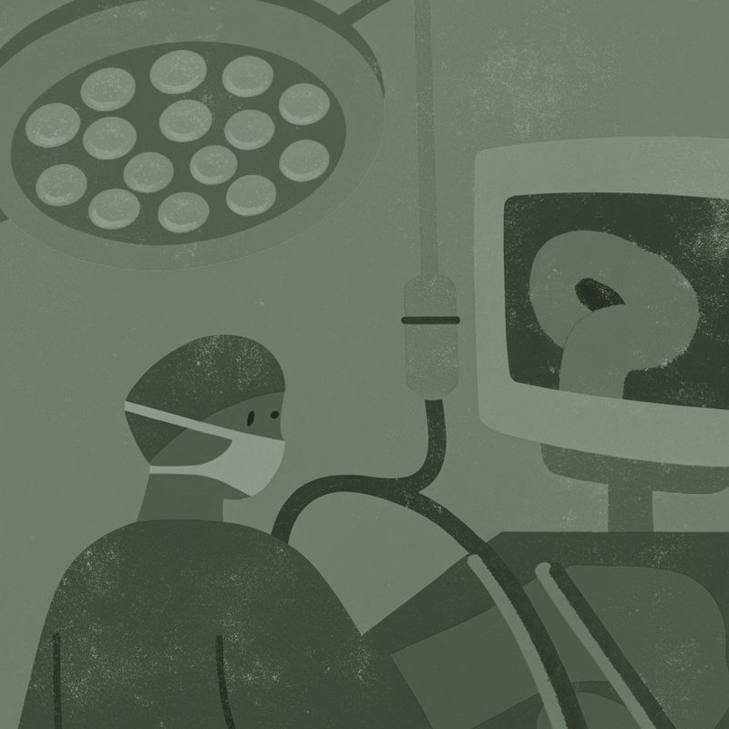 Ilustração de cirurgião em sala de cirurgia videolaparoscópica